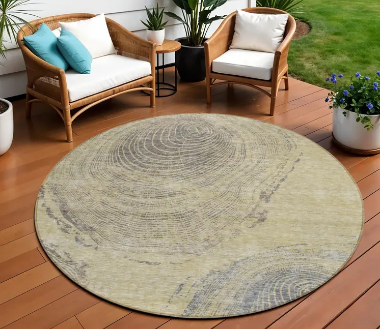 8' Beige Taupe And Gray Round Abstract Washable Indoor Outdoor Area Rug