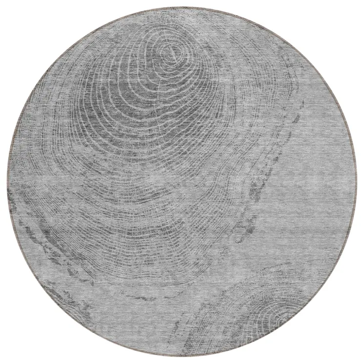 8' Gray Silver And Charcoal Round Abstract Washable Indoor Outdoor Area Rug