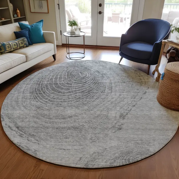 8' Gray Silver And Charcoal Round Abstract Washable Indoor Outdoor Area Rug