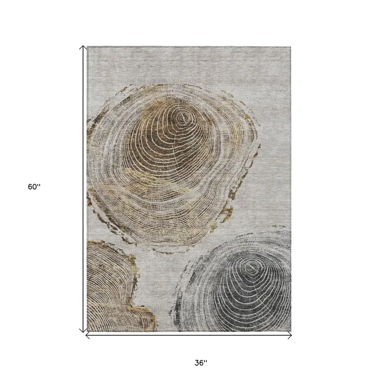 3' X 5' Taupe Gray And Brown Abstract Washable Indoor Outdoor Area Rug