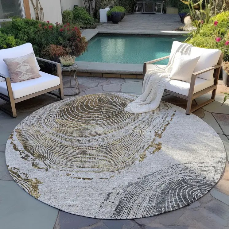 8' Taupe Gray And Brown Round Abstract Washable Indoor Outdoor Area Rug