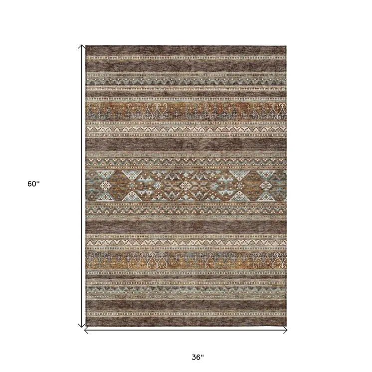 3' X 5' Chocolate And Gray Southwestern Washable Indoor Outdoor Area Rug