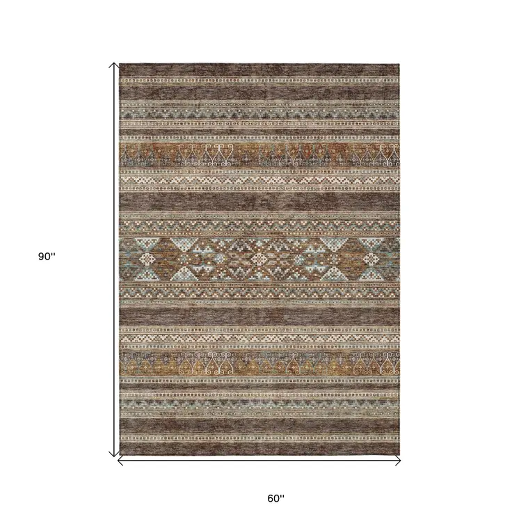 5' X 8' Chocolate And Gray Southwestern Washable Indoor Outdoor Area Rug
