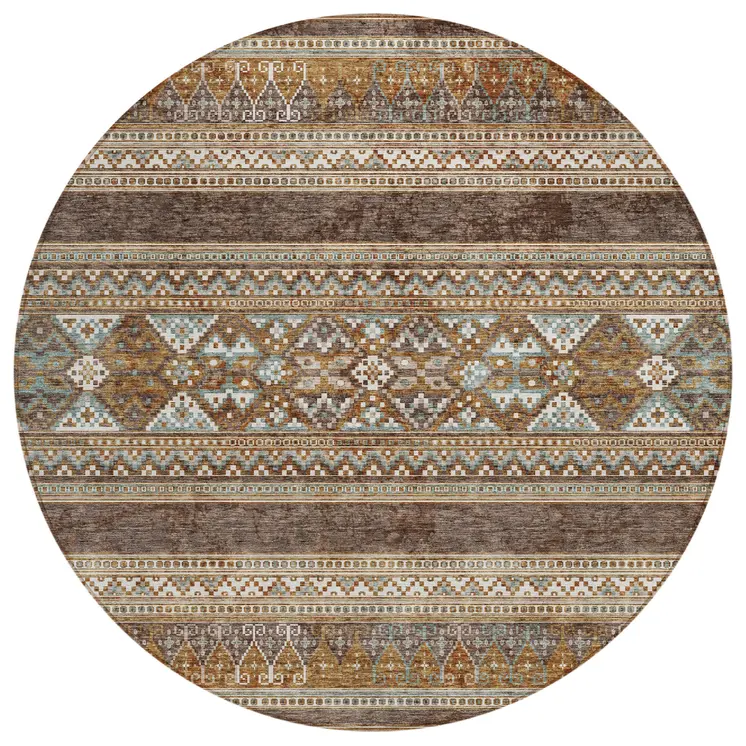 8' Chocolate And Gray Round Southwestern Washable Indoor Outdoor Area Rug