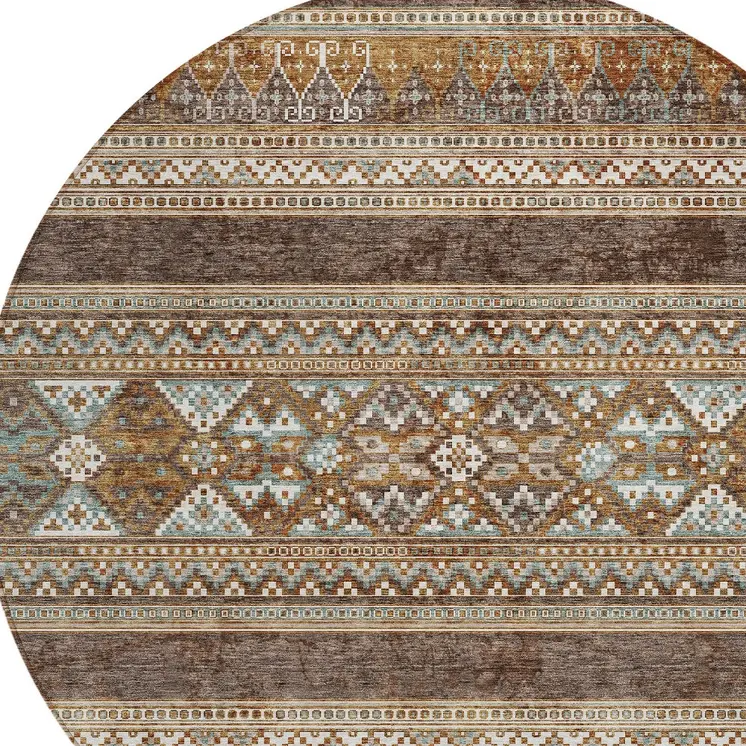8' Chocolate And Gray Round Southwestern Washable Indoor Outdoor Area Rug