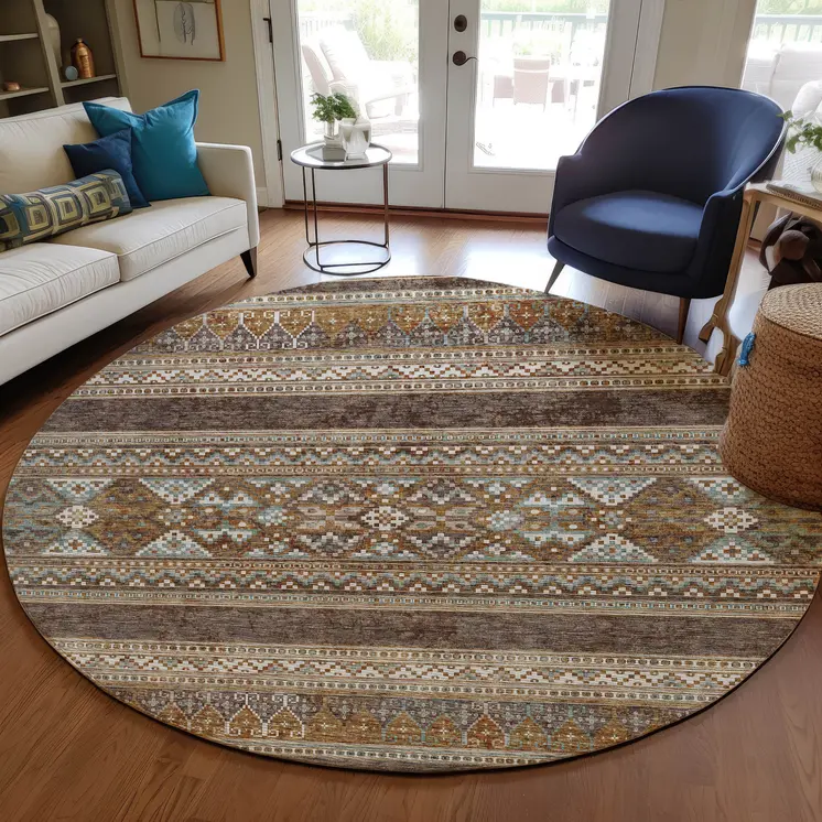 8' Chocolate And Gray Round Southwestern Washable Indoor Outdoor Area Rug