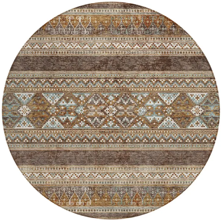 8' Chocolate And Gray Round Southwestern Washable Indoor Outdoor Area Rug