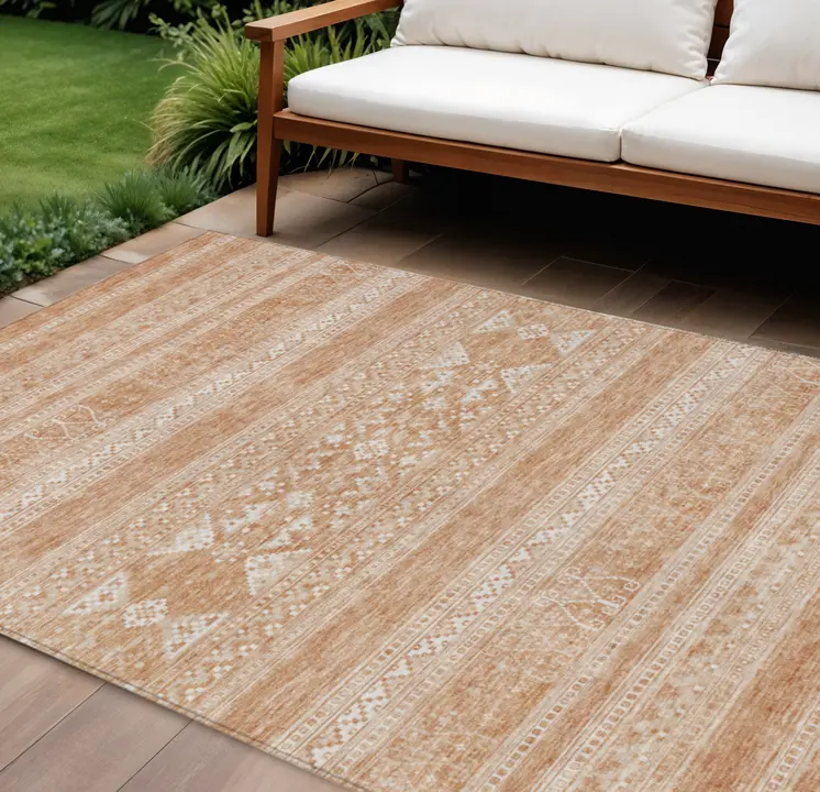 9' X 12' Copper And Ivory Southwestern Washable Indoor Outdoor Area Rug