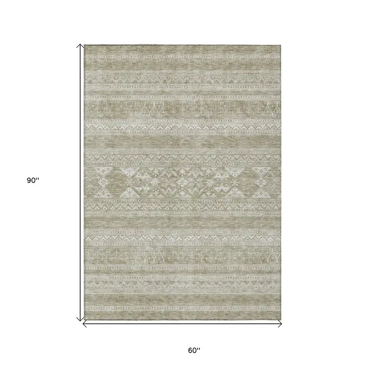5' X 8' Khaki Taupe And Ivory Southwestern Washable Indoor Outdoor Area Rug