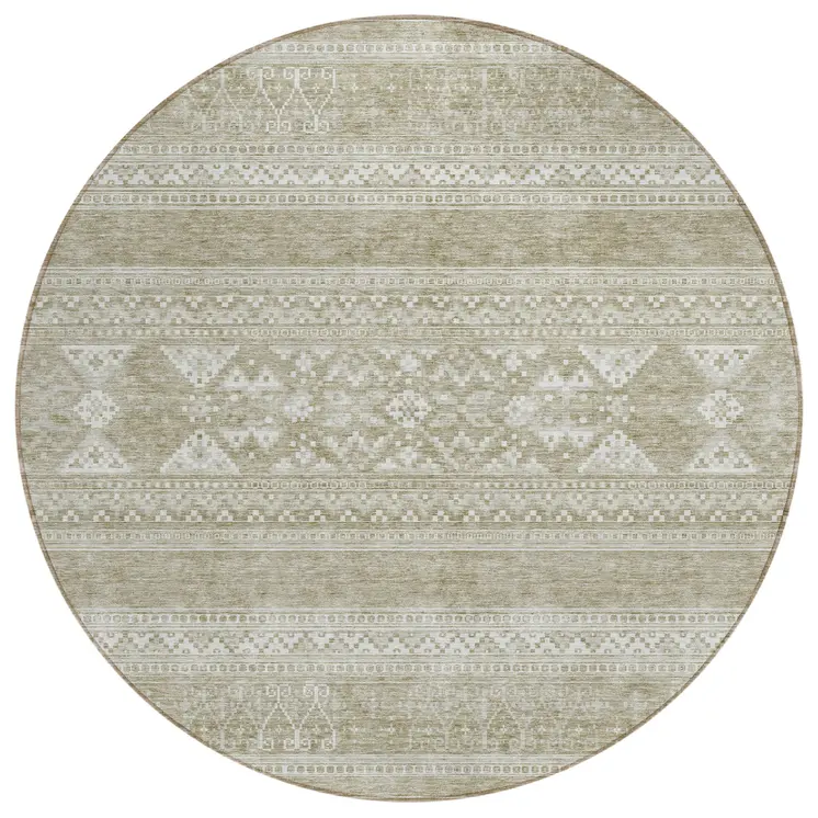 8' Khaki Taupe And Ivory Round Southwestern Washable Indoor Outdoor Area Rug