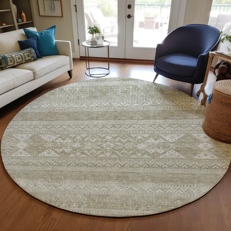 8' Khaki Taupe And Ivory Round Southwestern Washable Indoor Outdoor Area Rug