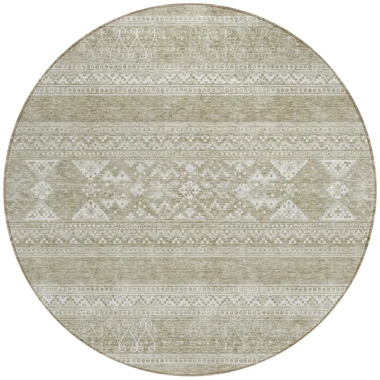 8' Khaki Taupe And Ivory Round Southwestern Washable Indoor Outdoor Area Rug