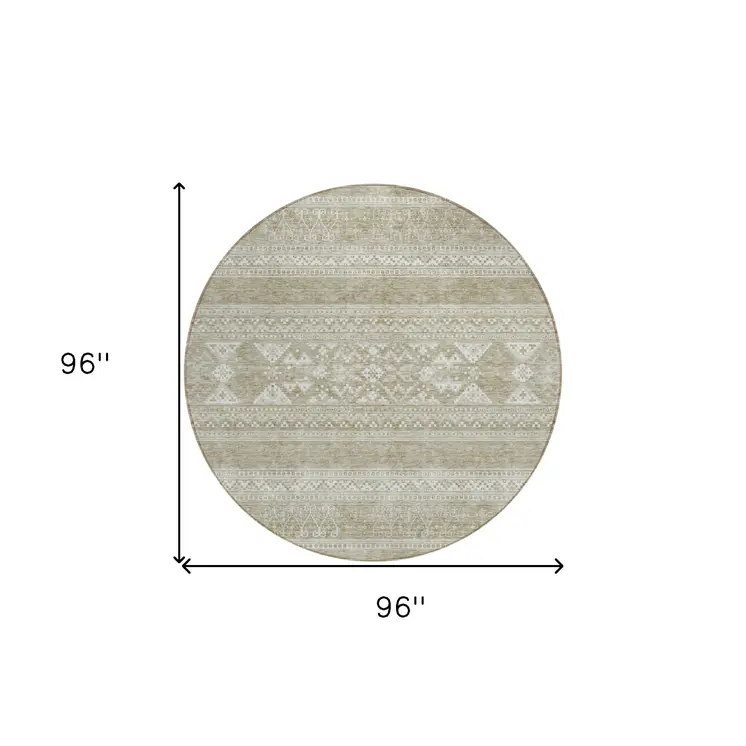 8' Khaki Taupe And Ivory Round Southwestern Washable Indoor Outdoor Area Rug