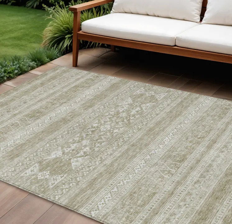 8' X 10' Khaki Taupe And Ivory Southwestern Washable Indoor Outdoor Area Rug