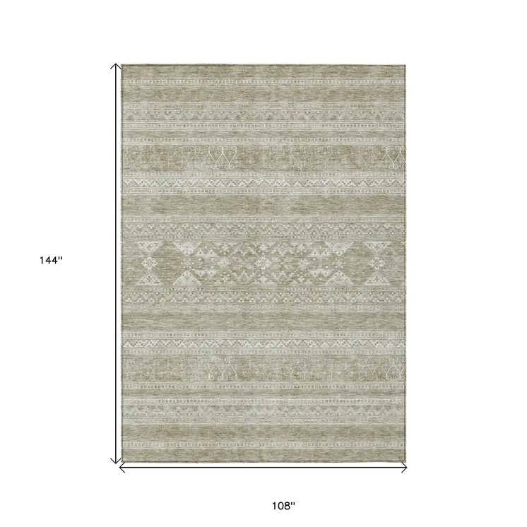 9' X 12' Khaki Taupe And Ivory Southwestern Washable Indoor Outdoor Area Rug