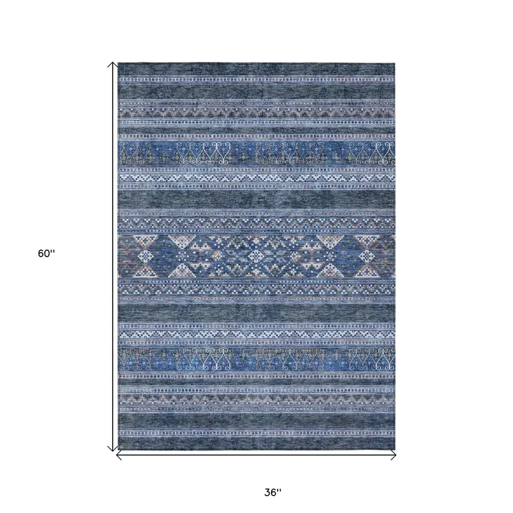 3' X 5' Navy Blue And Denim Blue Southwestern Washable Indoor Outdoor Area Rug