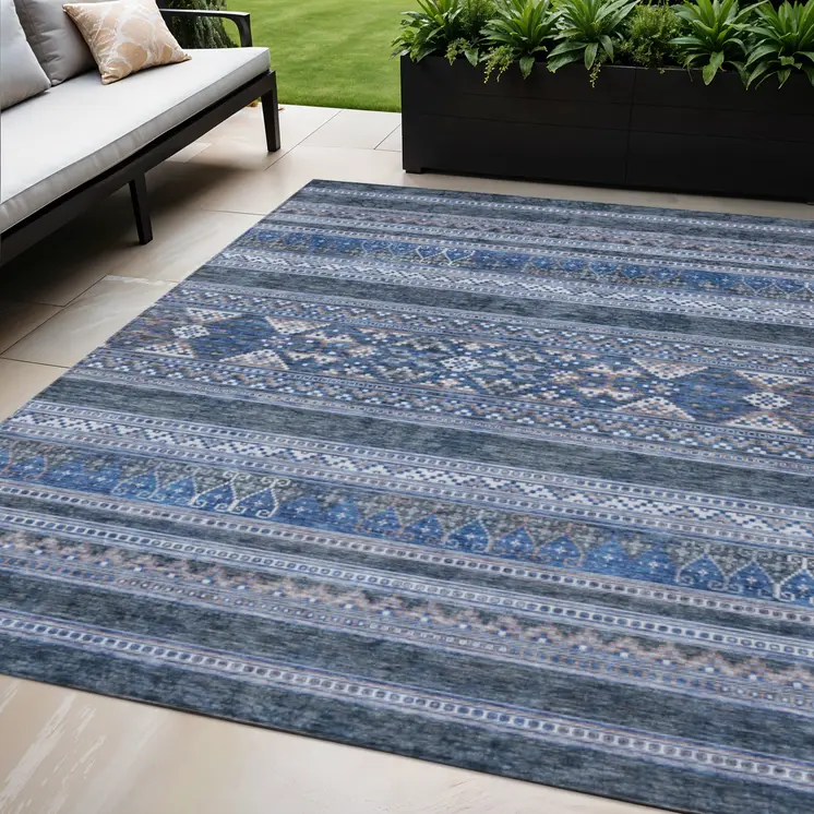 5' X 8' Navy Blue And Denim Blue Southwestern Washable Indoor Outdoor Area Rug