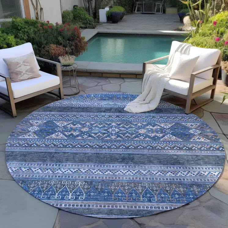 8' Navy Blue And Denim Blue Round Southwestern Washable Indoor Outdoor Area Rug