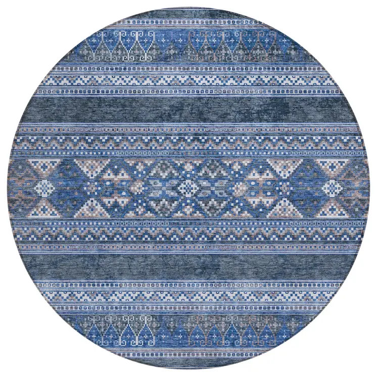 8' Navy Blue And Denim Blue Round Southwestern Washable Indoor Outdoor Area Rug