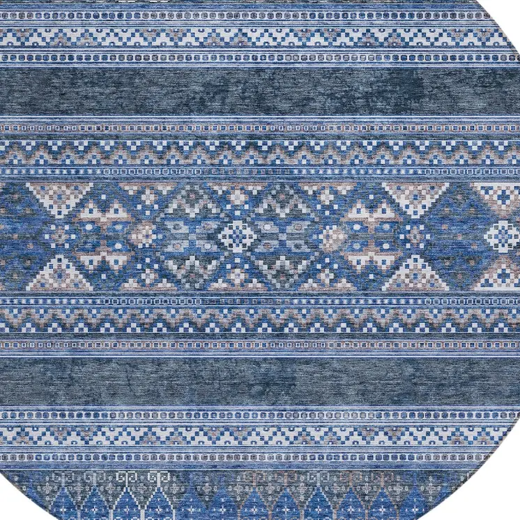 8' Navy Blue And Denim Blue Round Southwestern Washable Indoor Outdoor Area Rug