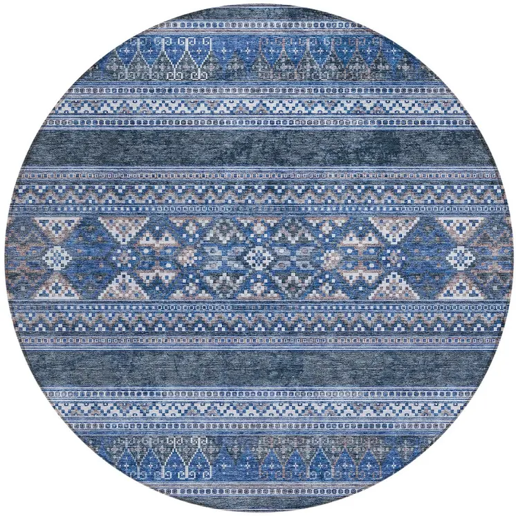 8' Navy Blue And Denim Blue Round Southwestern Washable Indoor Outdoor Area Rug
