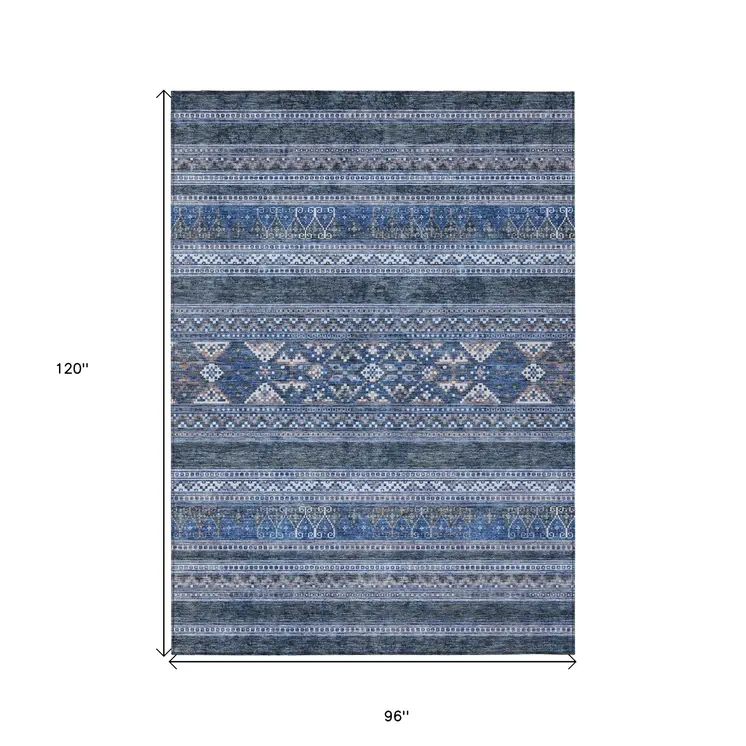 8' X 10' Navy Blue And Denim Blue Southwestern Washable Indoor Outdoor Area Rug