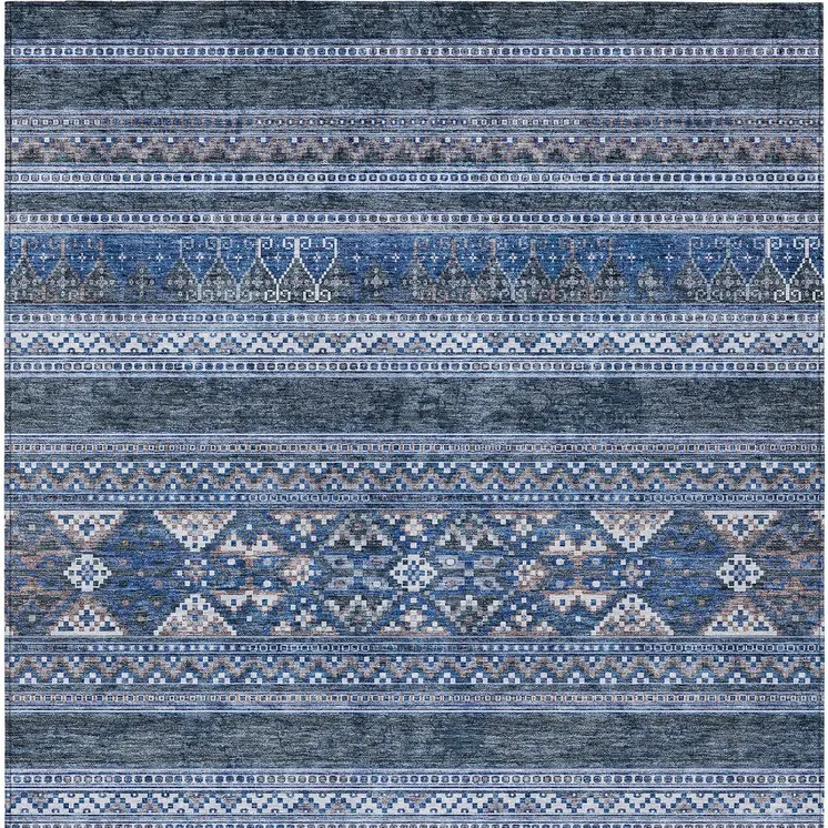 8' X 10' Navy Blue And Denim Blue Southwestern Washable Indoor Outdoor Area Rug
