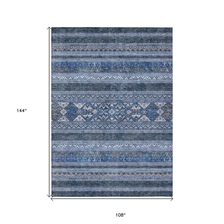9' X 12' Navy Blue And Denim Blue Southwestern Washable Indoor Outdoor Area Rug