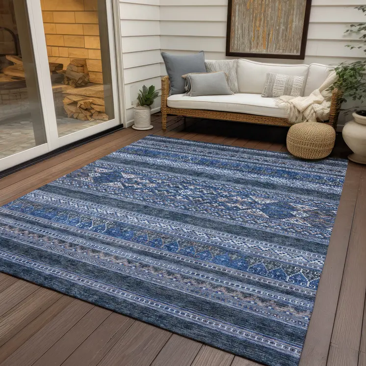 9' X 12' Navy Blue And Denim Blue Southwestern Washable Indoor Outdoor Area Rug