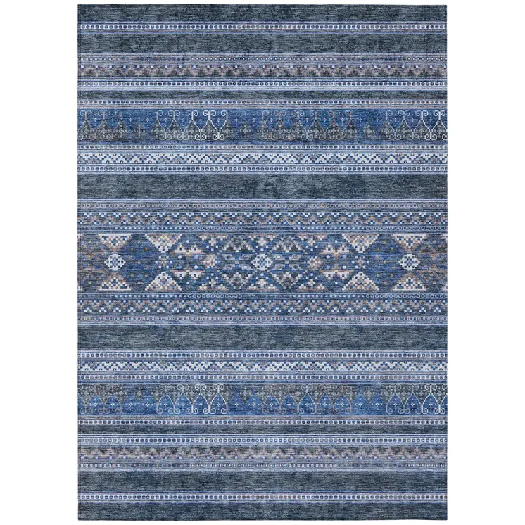 9' X 12' Navy Blue And Denim Blue Southwestern Washable Indoor Outdoor Area Rug