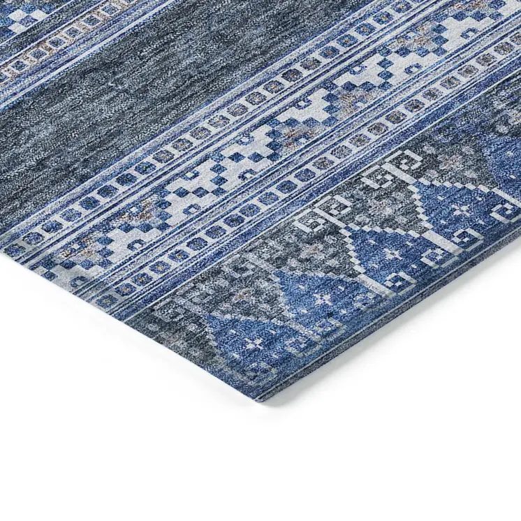9' X 12' Navy Blue And Denim Blue Southwestern Washable Indoor Outdoor Area Rug