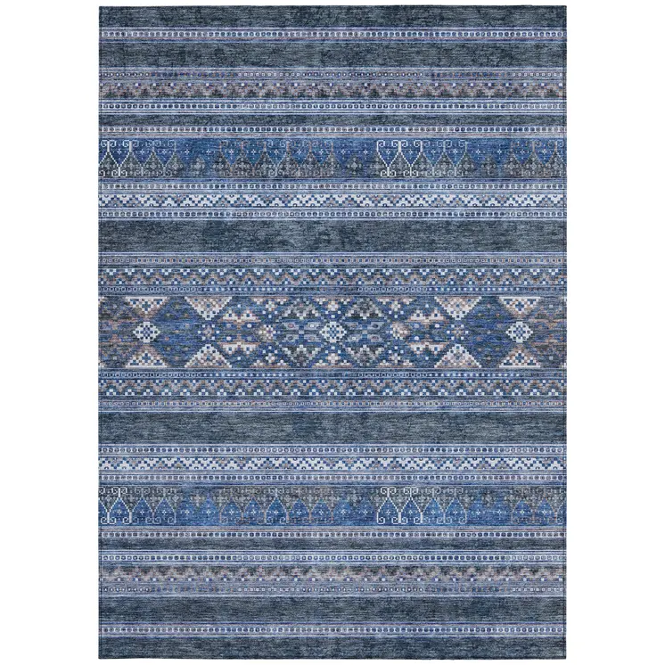 9' X 12' Navy Blue And Denim Blue Southwestern Washable Indoor Outdoor Area Rug