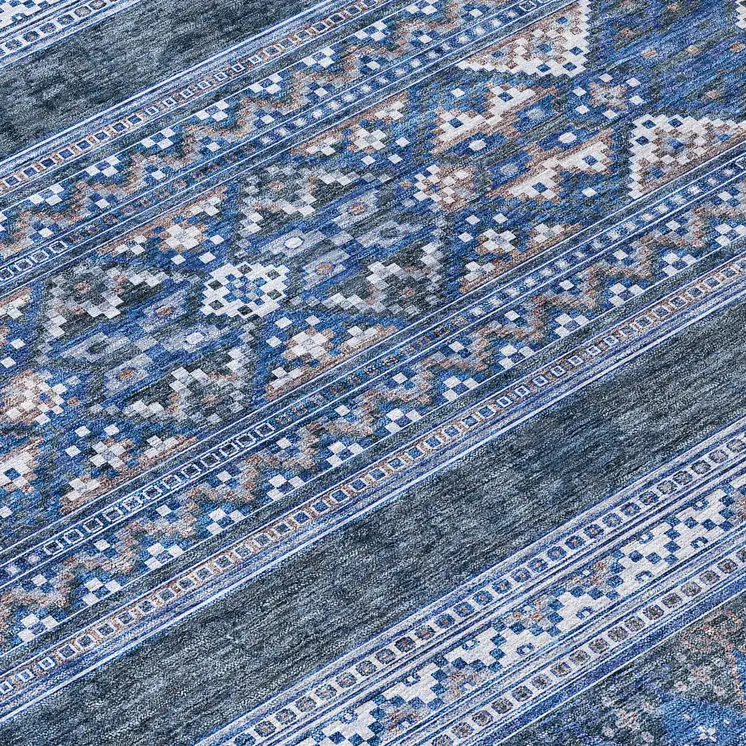 9' X 12' Navy Blue And Denim Blue Southwestern Washable Indoor Outdoor Area Rug