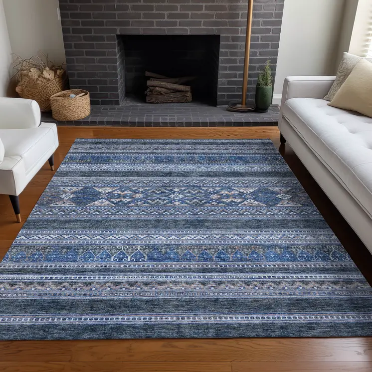 9' X 12' Navy Blue And Denim Blue Southwestern Washable Indoor Outdoor Area Rug