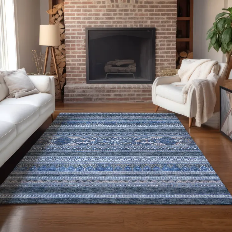 9' X 12' Navy Blue And Denim Blue Southwestern Washable Indoor Outdoor Area Rug