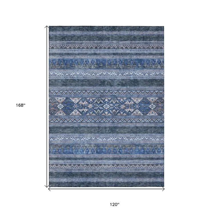 10' X 14' Navy Blue And Denim Blue Southwestern Washable Indoor Outdoor Area Rug