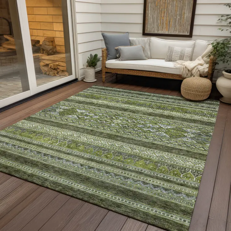 5' X 8' Olive Green And Artichoke Green Southwestern Washable Indoor Outdoor Area Rug