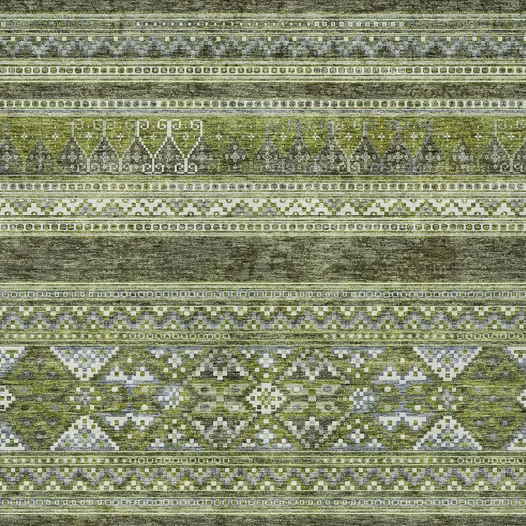 5' X 8' Olive Green And Artichoke Green Southwestern Washable Indoor Outdoor Area Rug