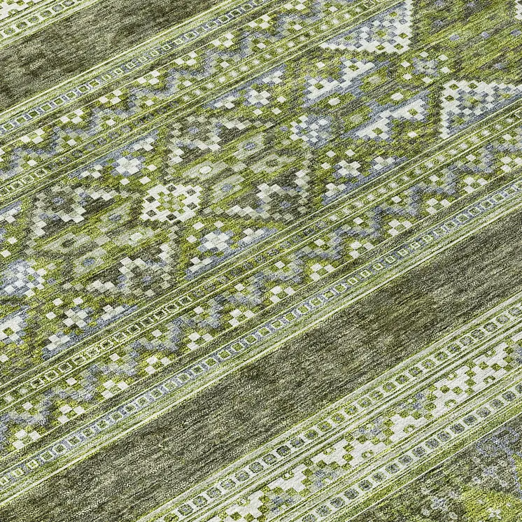 5' X 8' Olive Green And Artichoke Green Southwestern Washable Indoor Outdoor Area Rug