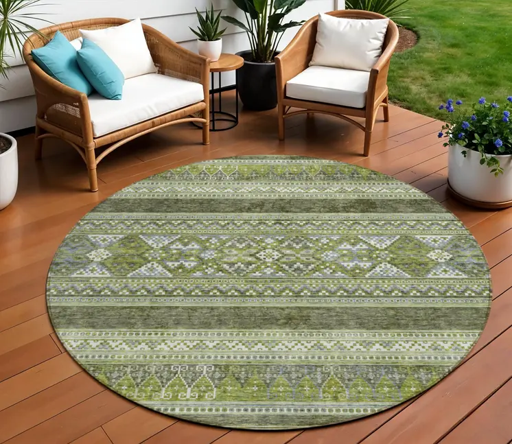 8' Olive Green And Artichoke Green Round Southwestern Washable Indoor Outdoor Area Rug