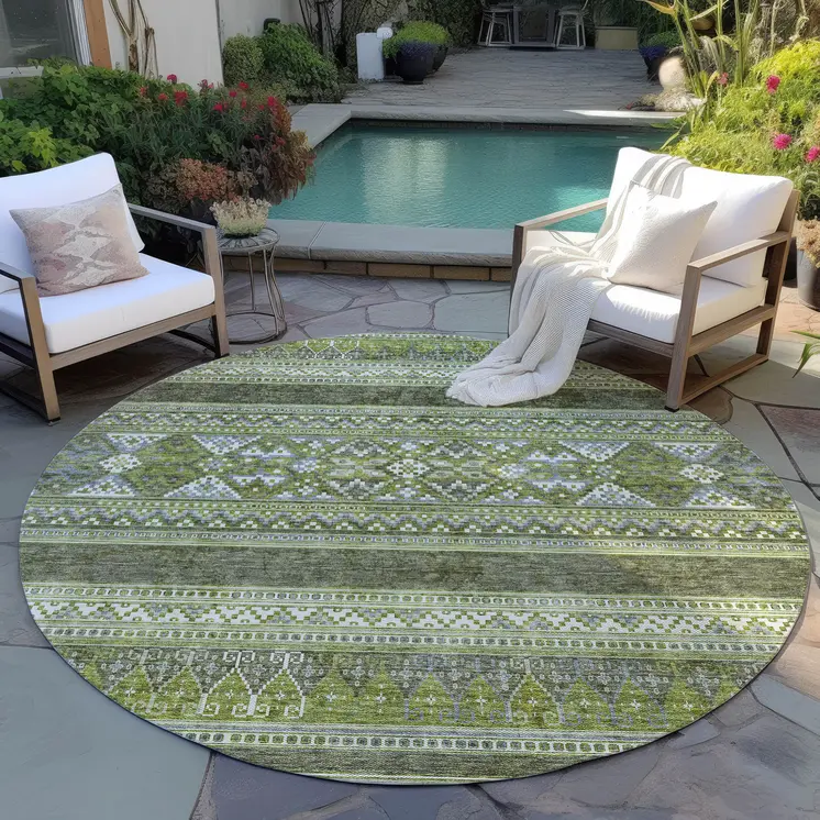 8' Olive Green And Artichoke Green Round Southwestern Washable Indoor Outdoor Area Rug