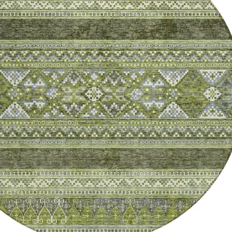8' Olive Green And Artichoke Green Round Southwestern Washable Indoor Outdoor Area Rug