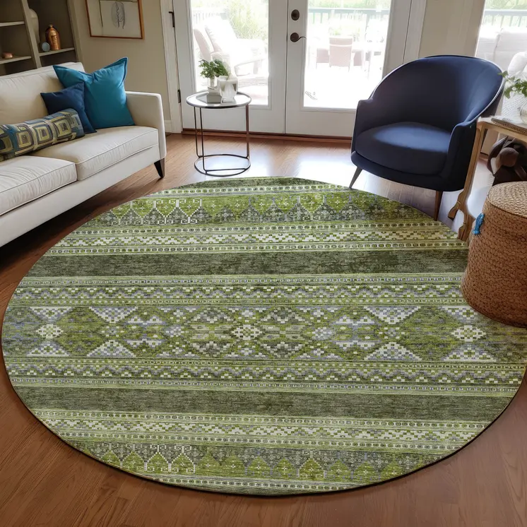 8' Olive Green And Artichoke Green Round Southwestern Washable Indoor Outdoor Area Rug