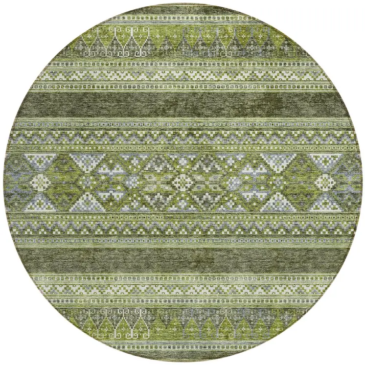 8' Olive Green And Artichoke Green Round Southwestern Washable Indoor Outdoor Area Rug