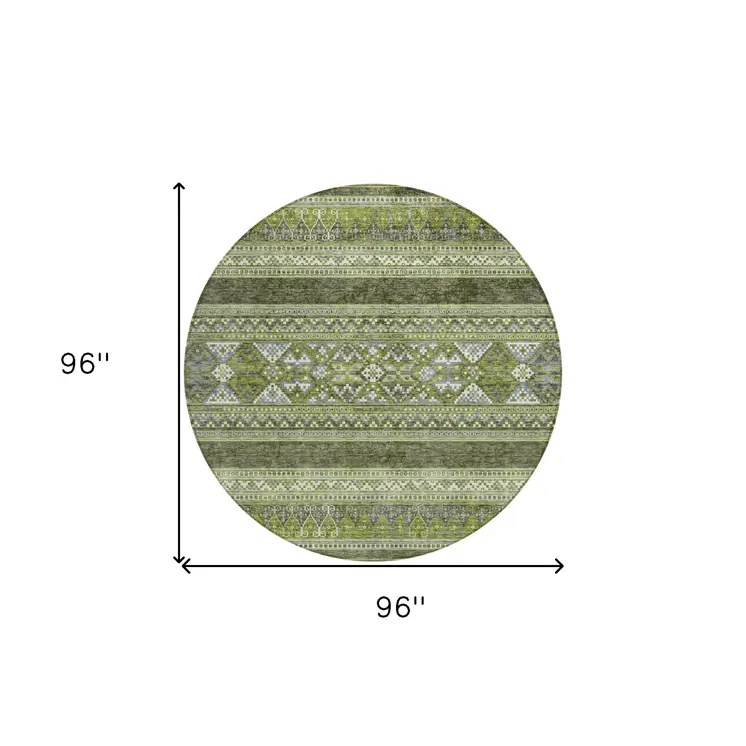 8' Olive Green And Artichoke Green Round Southwestern Washable Indoor Outdoor Area Rug