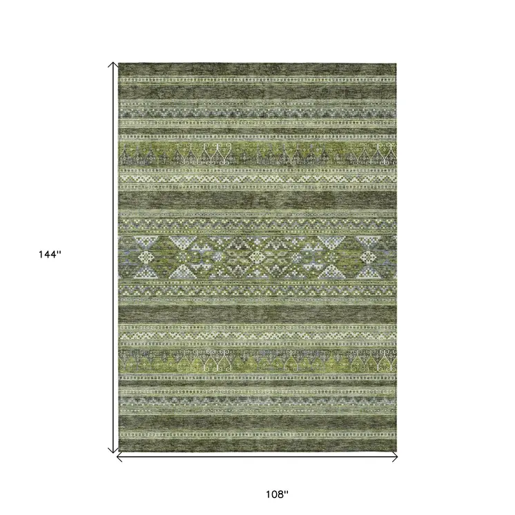 9' X 12' Olive Green And Artichoke Green Southwestern Washable Indoor Outdoor Area Rug