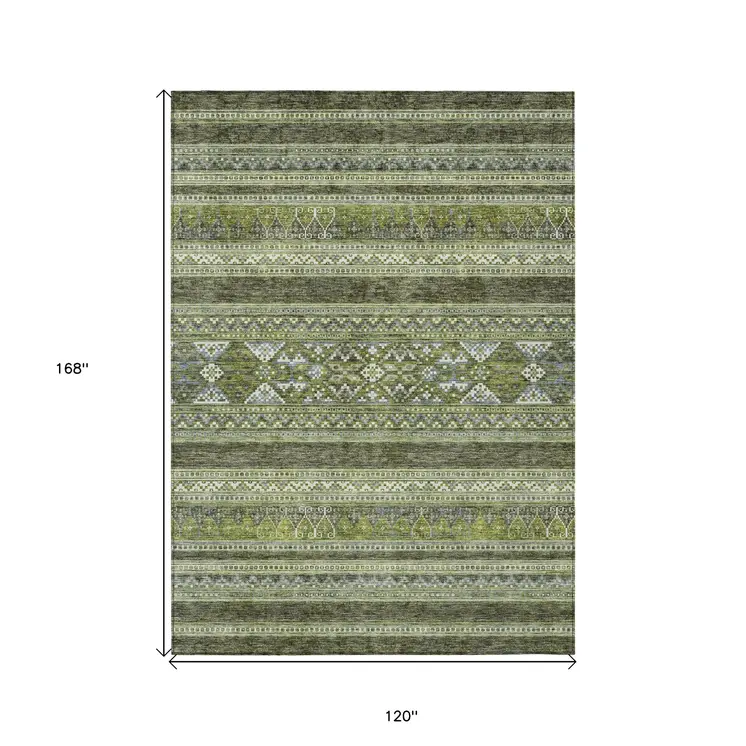 10' X 14' Olive Green And Artichoke Green Southwestern Washable Indoor Outdoor Area Rug