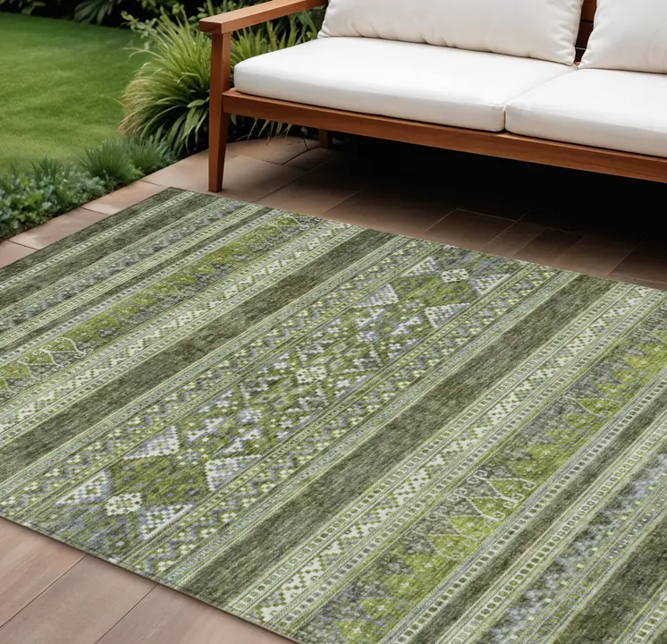 10' X 14' Olive Green And Artichoke Green Southwestern Washable Indoor Outdoor Area Rug