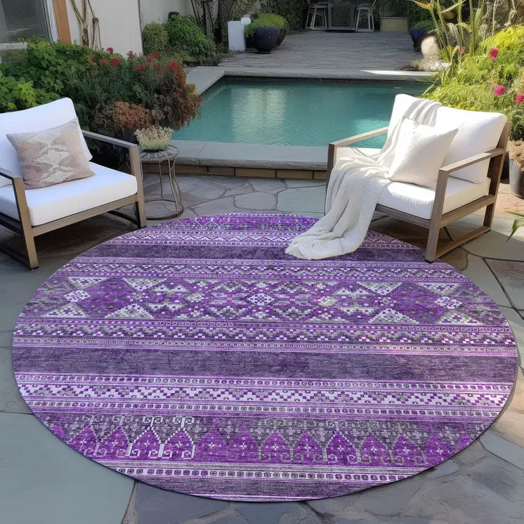 8' Purple Eggplant And Gray Round Southwestern Washable Indoor Outdoor Area Rug