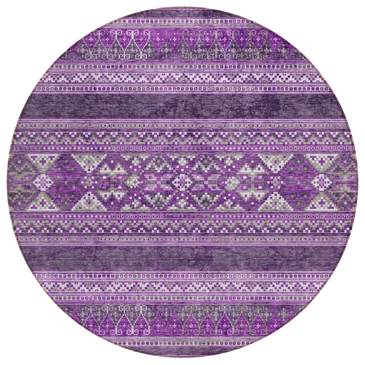 8' Purple Eggplant And Gray Round Southwestern Washable Indoor Outdoor Area Rug